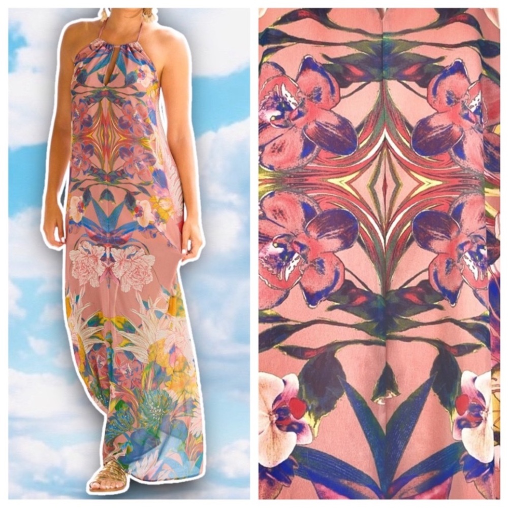 BOSTON PROPER Tropical Keyhole Halter Maxi Dress Preppy Beach Coastal Vacation